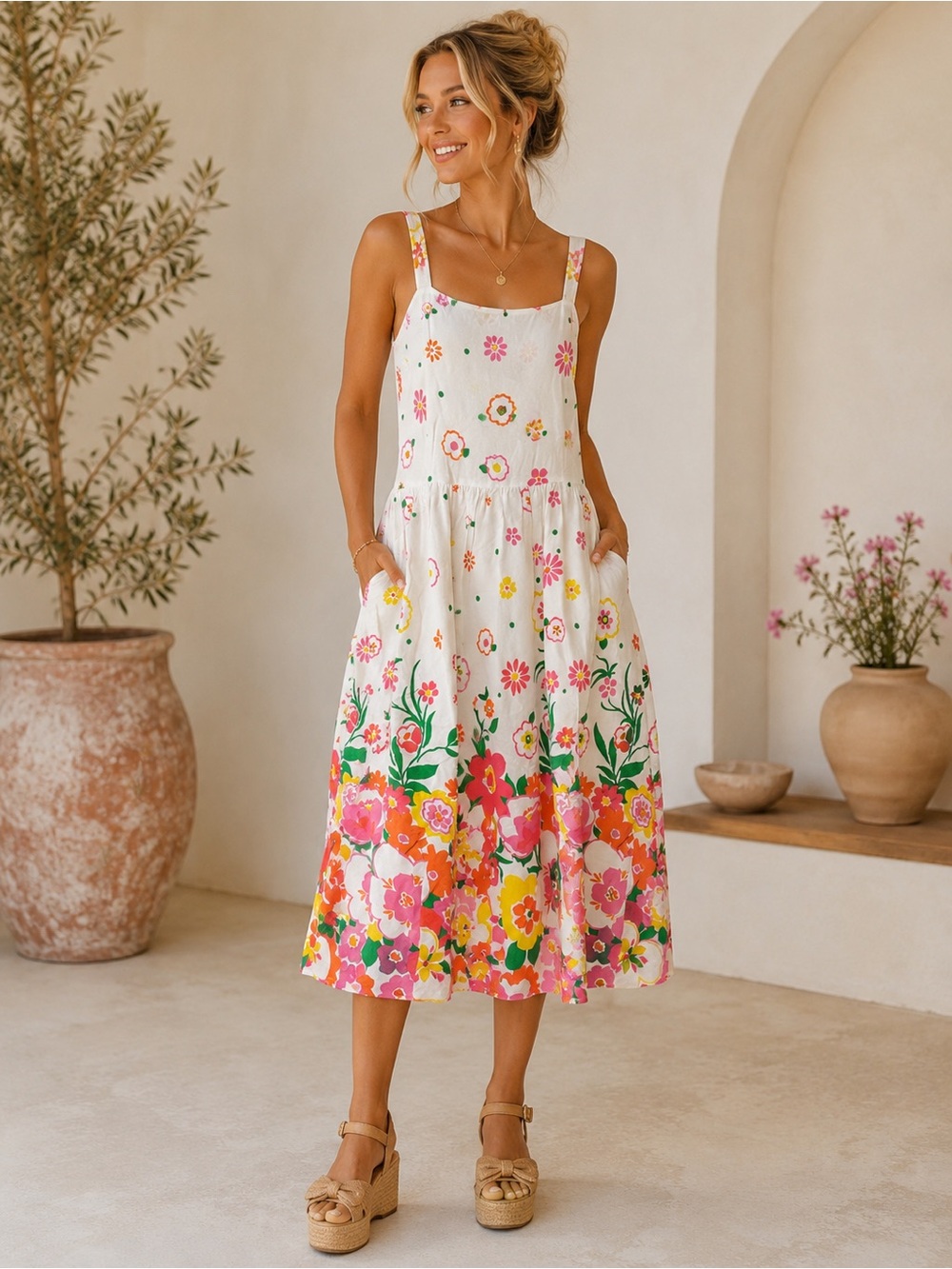 NWT Mister Zimi White Floral Dress with Pink, Yellow & Green Print